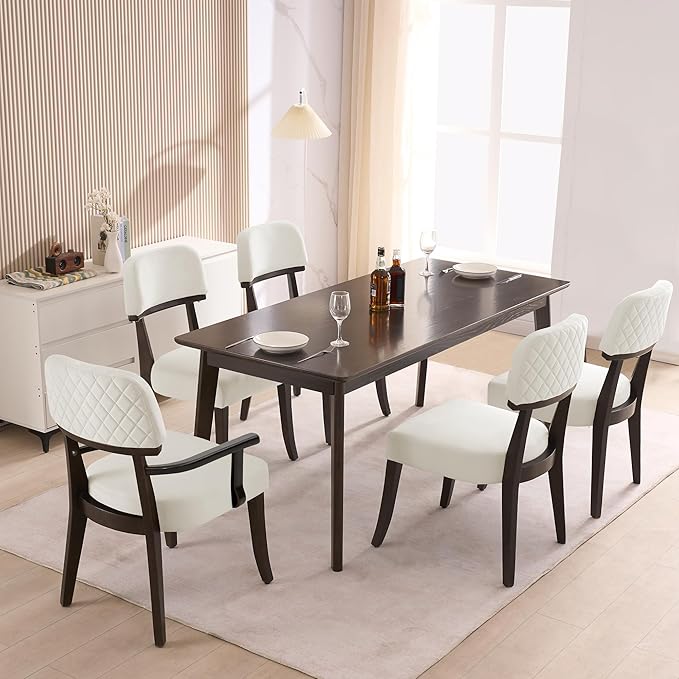 Modern Wood Dining Chairs Set of 5, Velvet Upholstered Kitchen Chairs with Open Curved Backrest & Black Hardwood Legs for Vanity, Living Room, 350 LBS Capacity, White