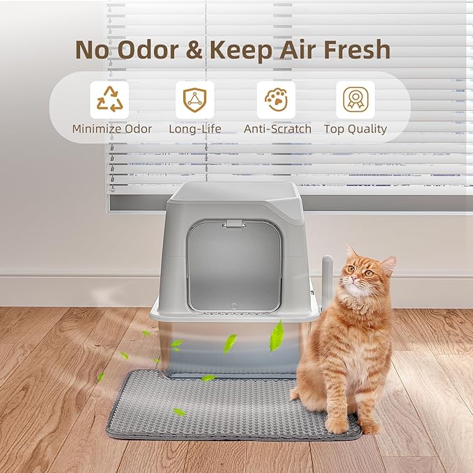 Stainless Steel Cat Litter Box with Lid, Extra Large, Great for Large & Small Cats, Easy to Clean, Anti-Leakage, Non-Sticky, Multifunctional 2 in-1 Metal Cat Litter Box - Light Gray