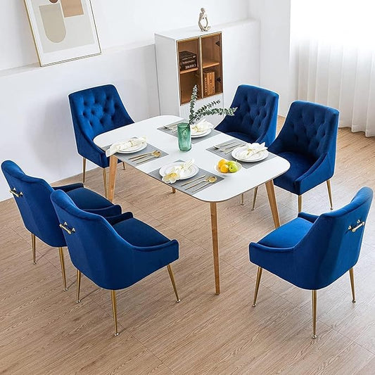 Modern Dining Chairs Set of 6, Mid Century Chairs with 5.12” Cushions and Golden Legs, Velvet Upholstered Dining Chairs with Back Pull Rod, for Kitchen, Living Room (Blue)