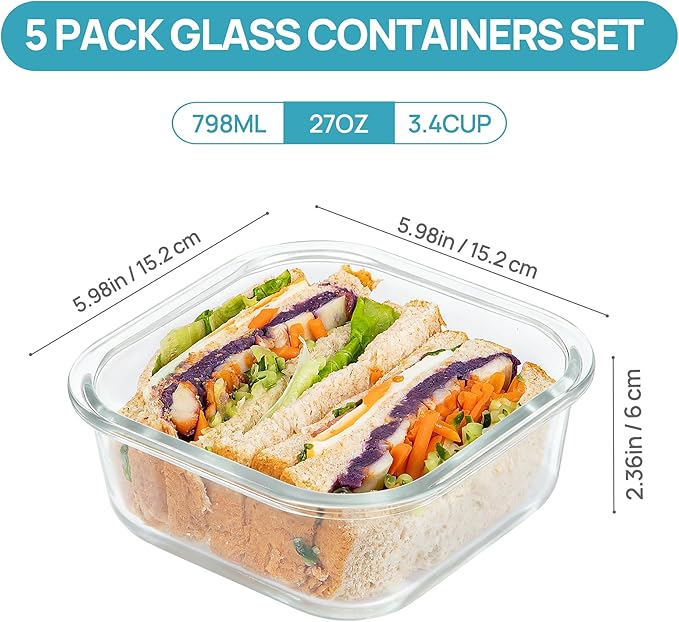 Vtopmart 5Pack 27oz Glass Storage Containers with Lids, Glass Meal Prep Food Container Sets, Sandwich Containers with Snap Airtight Lids for Microwave, Oven, Freezer and Dishwasher, Grey