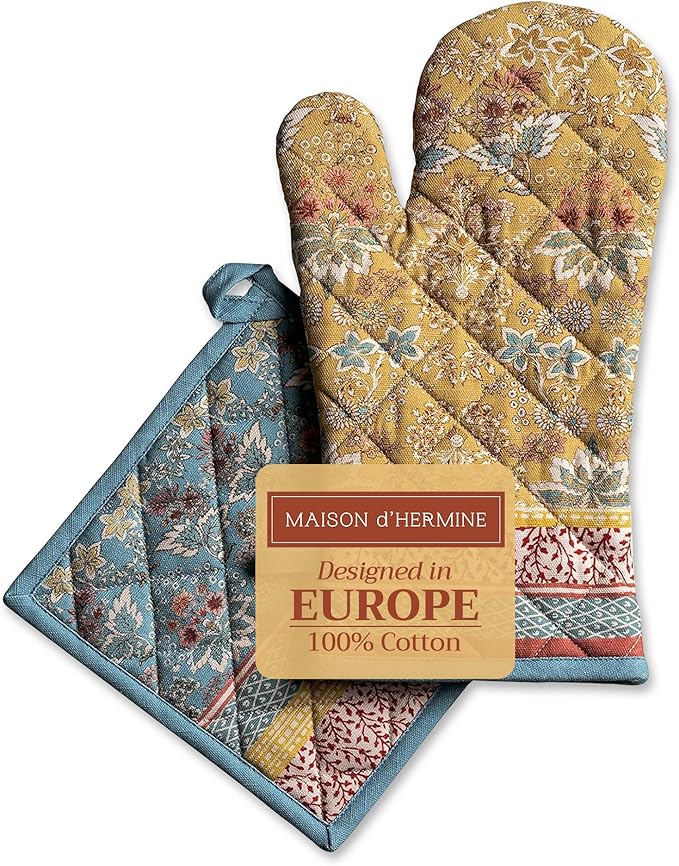 Maison d' Hermine 100% Cotton Oven Mitt & Pot Holder Set (7.5"x13" & 8"x8") Heat Resistant BBQ Cooking Gloves with Loop, Baking, Grilling, Kitchen, Handling Hot Pans Spring/Summer (Marquise)