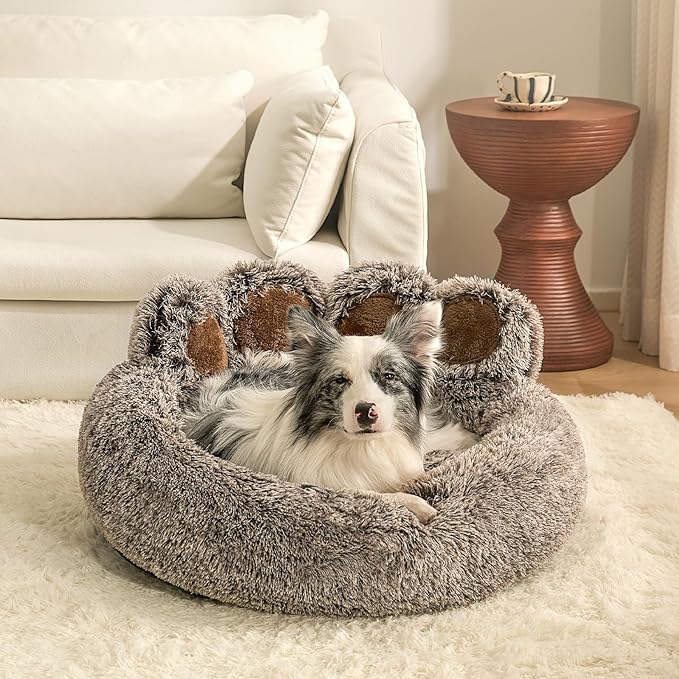 Jiupety Paw Shape Calming Pet Bed, Medium Plush Faux Fur Donut Bed for Dogs & Cats, Machine Washable, Non-Slip Bottom, Extra Large Size (32"×32"×10"), Gray