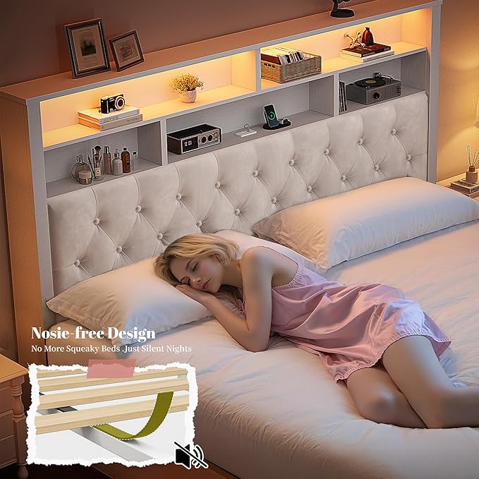 EnHomee King Size Bed Frame with 4 Drawers and Upholstered Storage Headboard,Wooden King Bed Frame with Charging Station and LED Lights,NO Noise,No Box Spring Needed,Beige