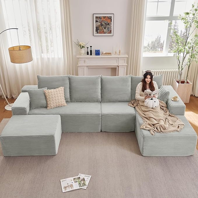 135" U-Shape Cloud Couch, Modern Modular Sectional Comfy L-Shape Sofa with Ottoman, Deep Seat, Upholstered Corduroy Sleeper Chaise Longue for Living Room Bedroom, No Assembly Required, Grey