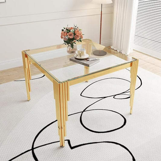 35" Square Glass Dining Table, Modern Tempered Glass Kitchen Table with Stainless Steel Legs for 2-4, Stylish Gold Dinner Table for Home Office, Kitchen, Living Room