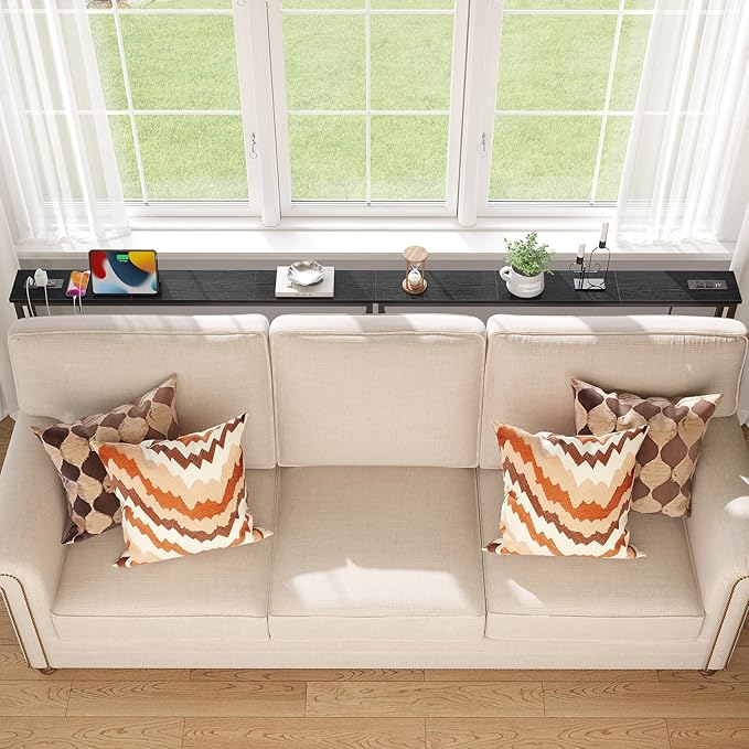 ELYKEN 94.5" Narrow Console Sofa Table with Power Outlet, 5.9'' Behind Couch Table with Charging Station, Long Entryway Tables for Living Room, Hallway, Black