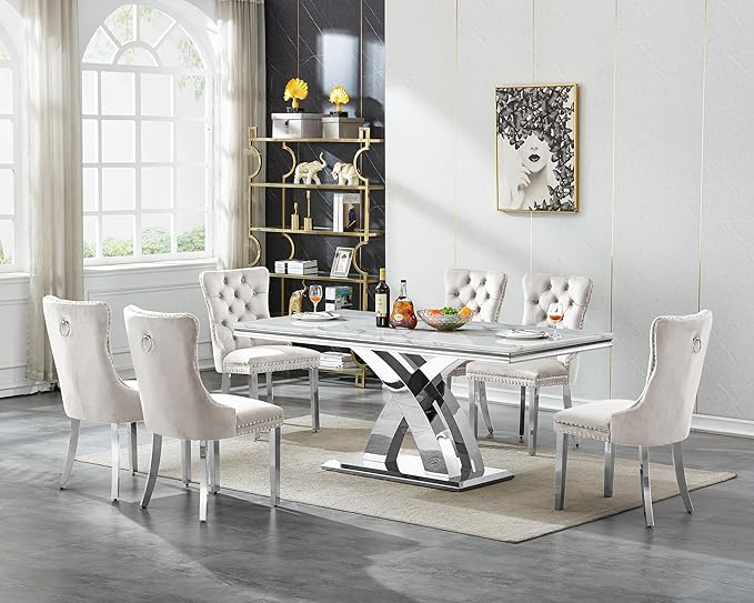 Goujxcy 7-Piece Dining Table Set Modern Faux Marble Dining Table Set for 6, Luxury 68" Long Faux Marble Kitchen Table with 6 Velvet Upholstered Chairs & Mirrored Stainless Steel Base