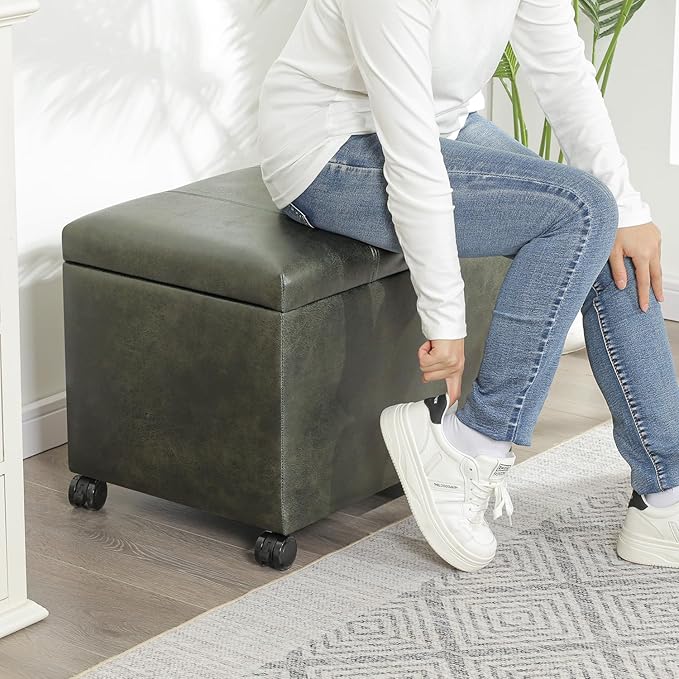 Joveco 24" Faux Suede Storage Ottoman Bench with Wheels, Rectangle Foot Rest Stool for Living Room, Bedroom, Entryway, Moss Green