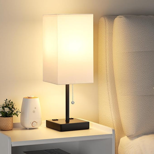 aooshine White Table Lamp for Bedside - 3 Color Temperature 3000K 5000K 4000K Bedroom Lamp, Pull Chain Control, USB A and C Ports, AC Outlets, Bulb Included, Medium