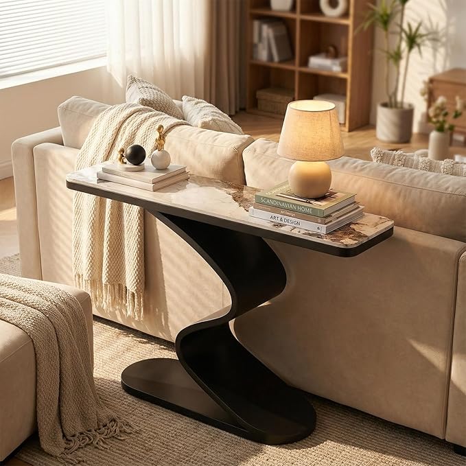 Modern Console Table with Sintered Stone Top, 47" Entryway Table with Sculptural S-Shaped Base Narrow Hallway Sofa Table Behind Couch for Living Room, Accent Furniture(Black,59"x11.8"x31.5")