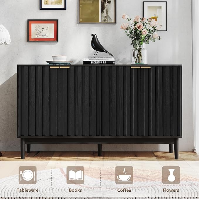 Fluted Cabinet with Storage, Small Buffet Cabinet Sideborad with Door, Kitchen Buffet Storage Accent Cabinets with Adjustable Shelves for Living Room, Entry, Hallway,Black