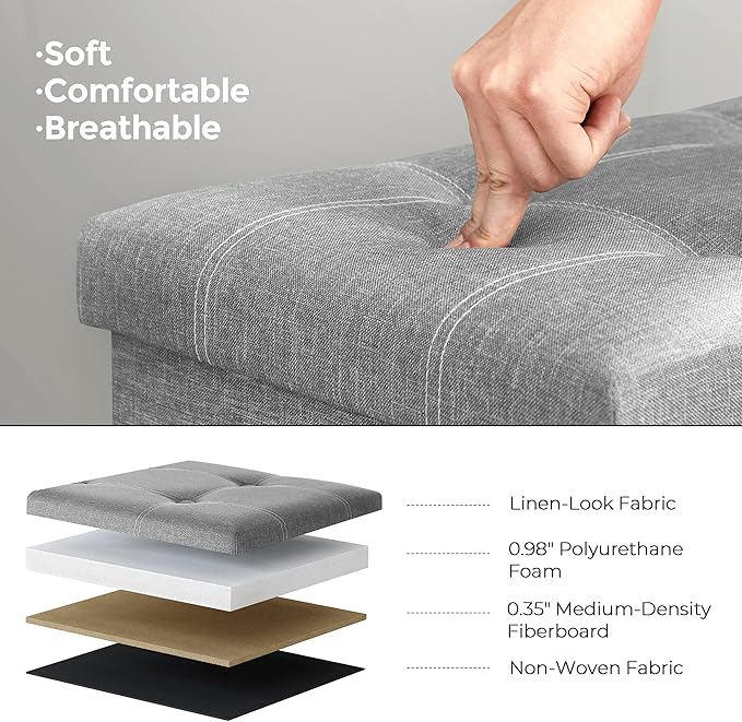 SONGMICS MAZIE Collection - 30 Inches Ottoman Storage Bench, 21 Gal. Folding Chest with Breathable Linen-Look Fabric, Load up to 660 lb, for Entryway, Living Room, Bedroom, Light Gray ULSF001G02