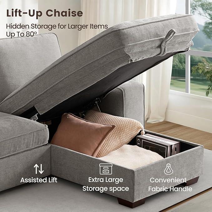 PARKOL 99" L-Shaped Sectional Couch with Storage, Sofa with Reversible Chaise, USB Type-C Charging, Chenille Fabric, Removable Cushion Covers, for Small Space, Apartment, Living Room, Light Gray