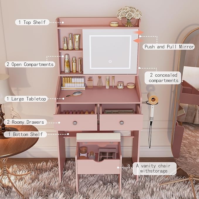 Vanity, Small Vanity Desk with Sliding Mirror, Dimmable LED Lights, 2 Drawers,Vanity Table Ideal for Bedroom（Pink）