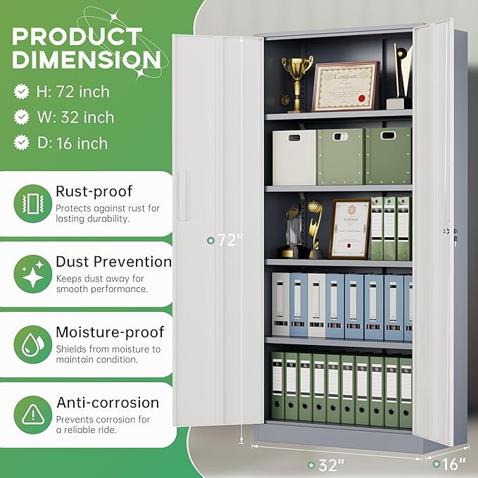 INTERGREAT Metal Storage Cabinet, 72" H Lockable Steel Cabinets with Locking Doors, Storage Locker with Adjustable Shelves for Office, Home, Garage, Gym, School (White Grey)