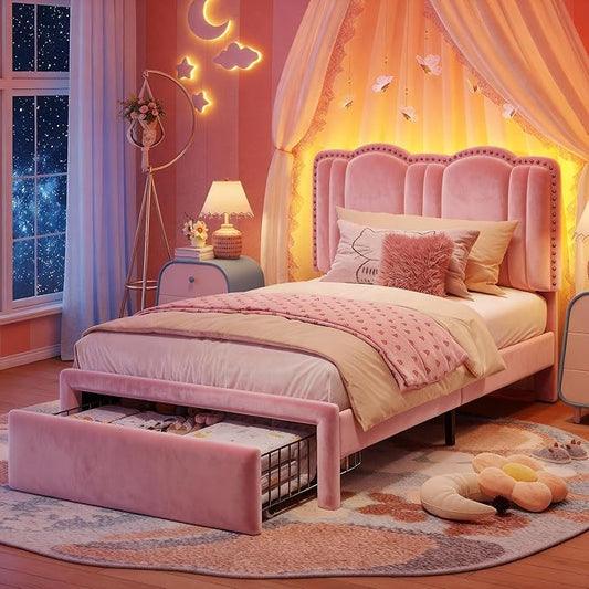 EnHomee Twin Bed Frame with Velvet Cloud Headboard, Storage Drawer and LED, Headboard Height Adjustable, Strong Support, No Box Spring Needed, Easy Assembly, Pink