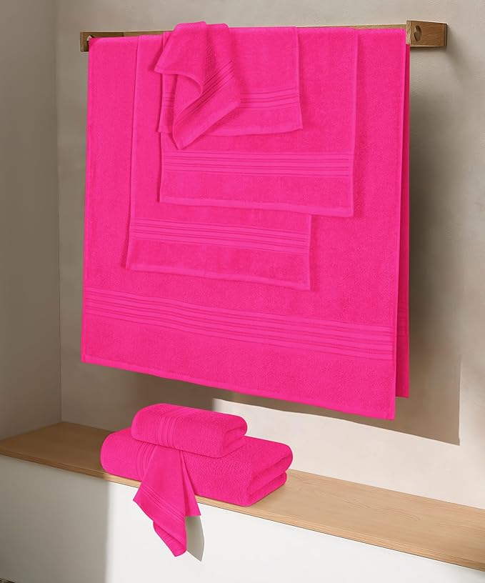BOUTIQUO 100% Cotton Towel Set, Contains 4 Soft Bath Towel, 6 Hand Towels, 8 Wash Cloths - Compact Absorbent Lightweight & Quickdry Towels for Bathroom - 18 Piece Bathroom Towel Set - Hot Pink