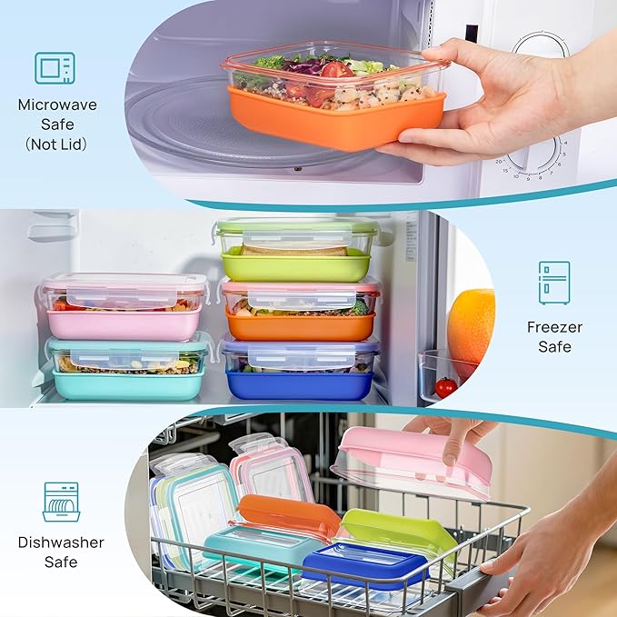 Vtopmart 5 Pack 28oz Glass Food Storage Containers Set with Silicone Sleeve，Glass Meal Prep Containers, Lunch containers with Airtight BPA-Free Plastic Lids, Dishwasher, Microwave, and Freezer Safe