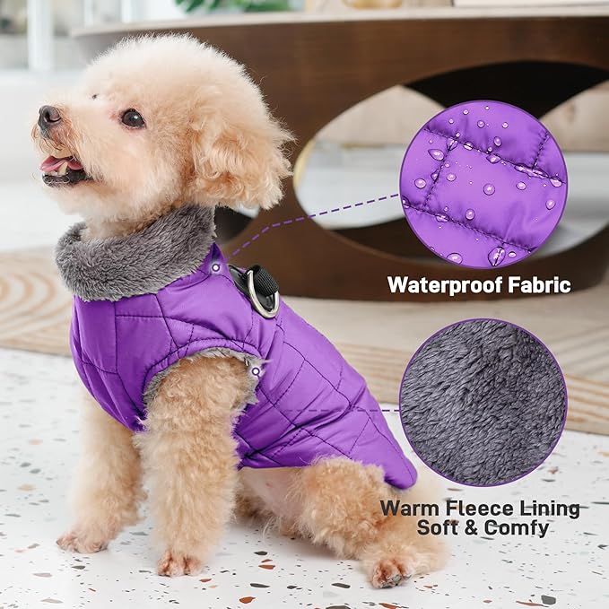 Warm Fleece Dog Coats with Durable Harness Buitl in D-Ring,Waterproof Doggie Jacket for Large Dogs,Dog Vest for Cold Winter,Purple XXXL