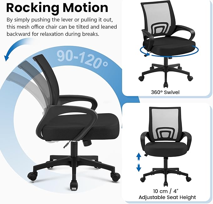 Yaheetech Mid-Back Mesh Office Chair Adjustable Ergonomic Computer Task Chair Swivel Rolling with Lumbar Support Armrest for Home Office Work Study, Black