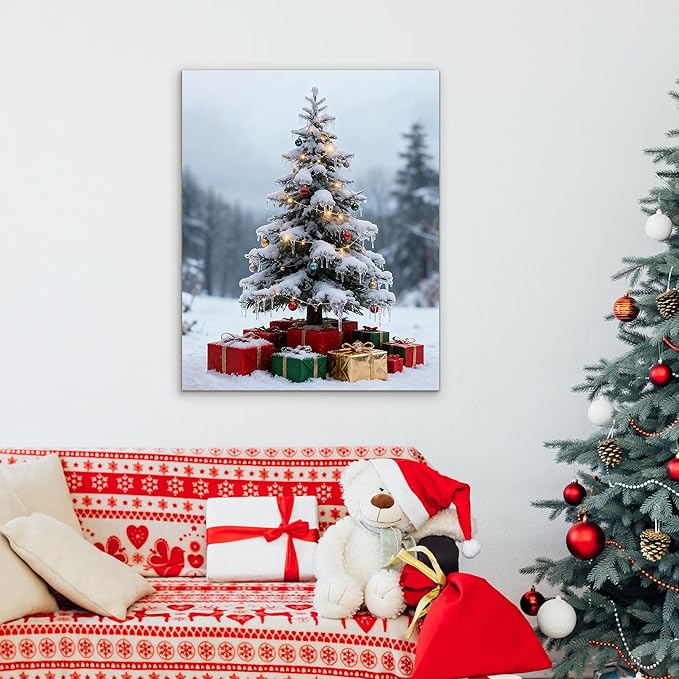 Framed Christmas Pictures Wall Decor,Vintage Pine Tree Prints,Winter Christmas Canvas Wall Art Decoration for Bedroom Bathroom Living Room Rustic Xmas Holiday Gifts (Christmas Tree 11, 24'' X 36'')