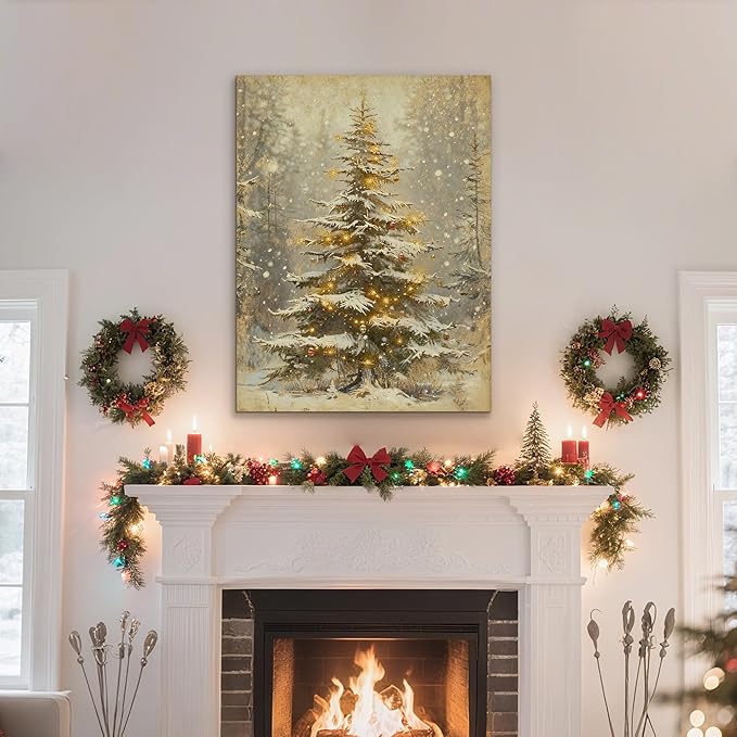 Framed Christmas Pictures Wall Decor,Vintage Pine Tree Prints,Winter Christmas Canvas Wall Art Decoration for Bedroom Bathroom Living Room Rustic Xmas Holiday Gifts (Christmas Tree 2, 16'' X 24'')