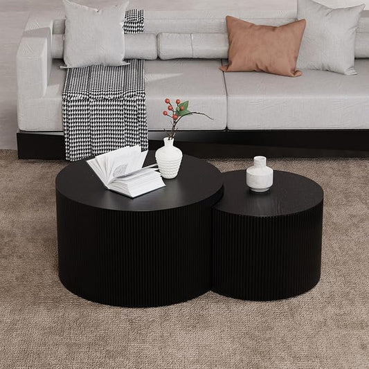 Round Nesting Coffee Table,Modern Fluted Coffee Tables Set of 2, Circle Vertical Stripe Design Drum Center Table Crescent Side Accent and Tables for Living Room (Black)