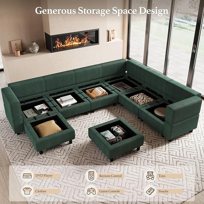 114.2" Modular Sectional Sofa with Deep Storage Seat,Corduroy U Shaped Sofa Couch Set,7 Seat Modular Couch with Movable Ottoman Chaise,Upholstered Sectional Couches for Living Room,Green