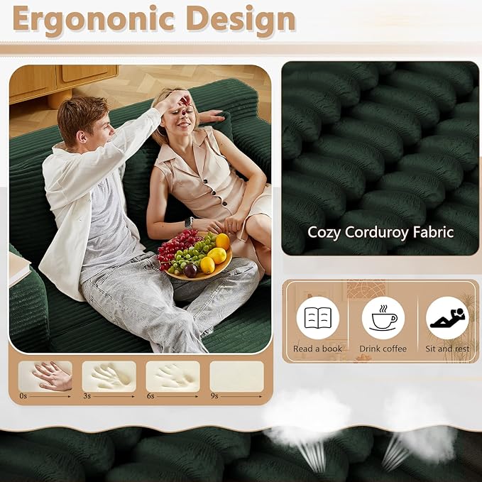 Cloud Loveseat Sofa, Modern Corduroy 2-Seater Couch with Deep Seat, No Assembly Required Memory Foam Sofa, Boneless Sofa in a Box for Bedroom, Apartment, Office,Small Space (Green,70.87in)