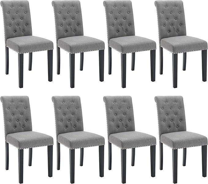 Westice Dining Room Chairs Set of 8 Upholstered Fabric Kitchen Chairs Dining Room Side Chair with Nailhead Trim and Rubber Wood Legs for Small Space Apartment, Gray