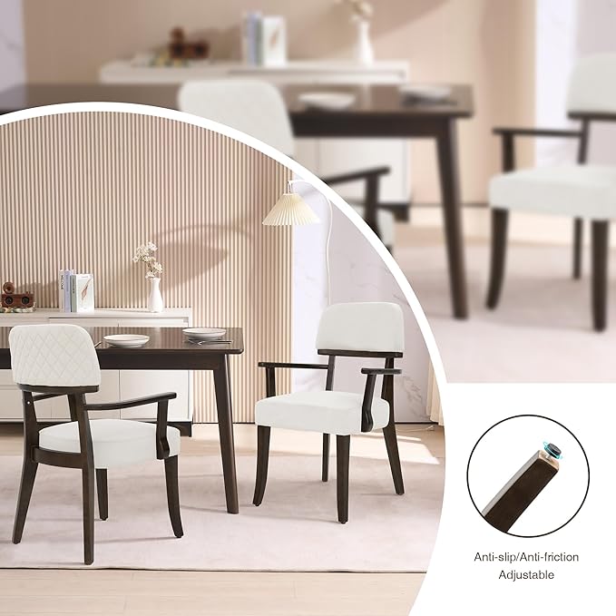 Modern Wood Dining Chairs with Arms, Velvet Upholstered Kitchen Chairs with Open Curved Backrest & Black Hardwood Legs, Accent Chairs 350 LBS Capacity, White