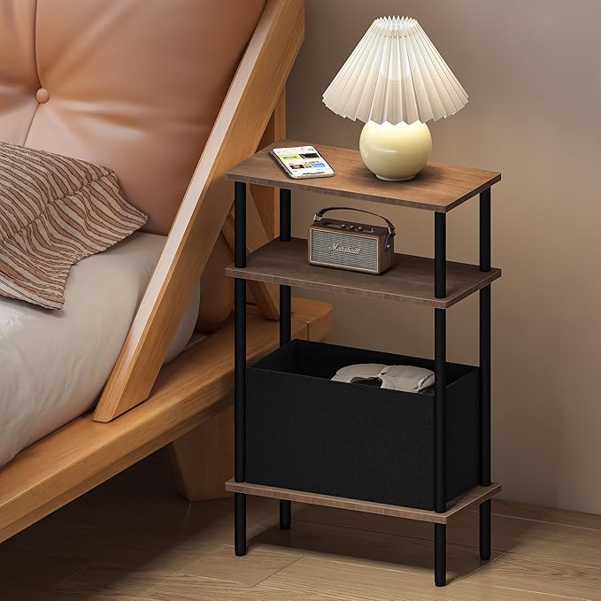 Narrow Side Table with Fabric Basket, End Table for Small Spaces, Slim Nightstand with 3-Tier Storage Shelf, Sofa Beside Table, for Living Room, Bed Room, Natrual Walnut
