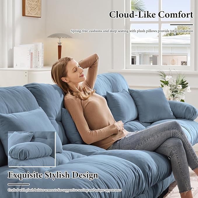 94.4" Loveseat Sofa, 2 Seater Modular Sectional Sofa, Blue Large U Shaped Sectional Couches for Living Room, Fluffy Chenille Fabric Cloud Couch with Ottoman