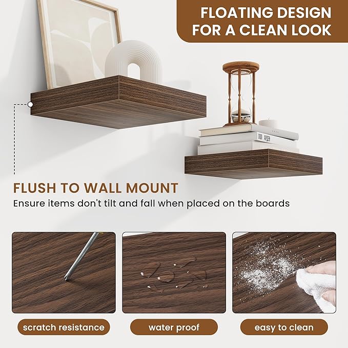 fuqing Floating Shelves for Wall, Wall Mounted Wood Floating Shelf with Invisible Brackets for Living Room, Bathroom, Bedroom, Kitchen Storage and Decor, 6.5 Inch Set of 3, Walnut