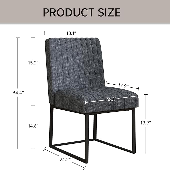 VKNOW Upholstered Dining Chairs, Modern Dining Room Chairs with Stripe, Linen Kitchen Chair Dinner Chair with Black Metal Base for Kitchen Office, Dark Grey