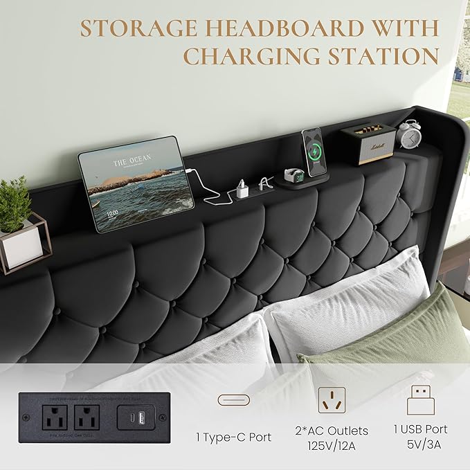 SHA CERLIN Queen Size Platform Bed Frame with Charging Station, Velvet Wingback Headboard with Storage Shelf, Wooden Slats Support, Ample Under-Bed Space, No Box Spring Needed, Easy Assembly, Black