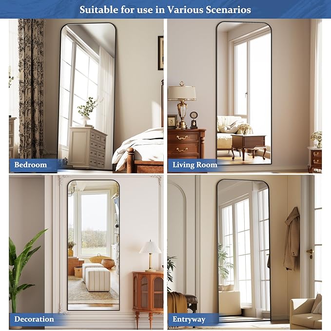 Full Length Mirror 56"x21" Arched Floor Standing Large Mirrors Full Body Mirror with Stand - with Aluminum Frame for Bedroom Living Room, Black