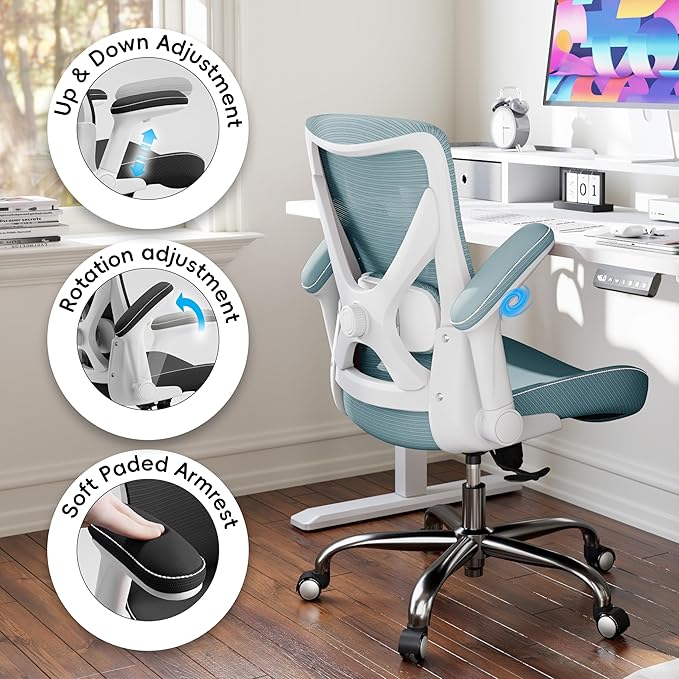Office Home Ergonomic Desk Chair-Computer X-Shaped Chair Mesh PU Leather with Adjustable Lumbar Support-Executive Chair High Back Flip-Up Arms for Long Hours (Light Black-No Headrest)