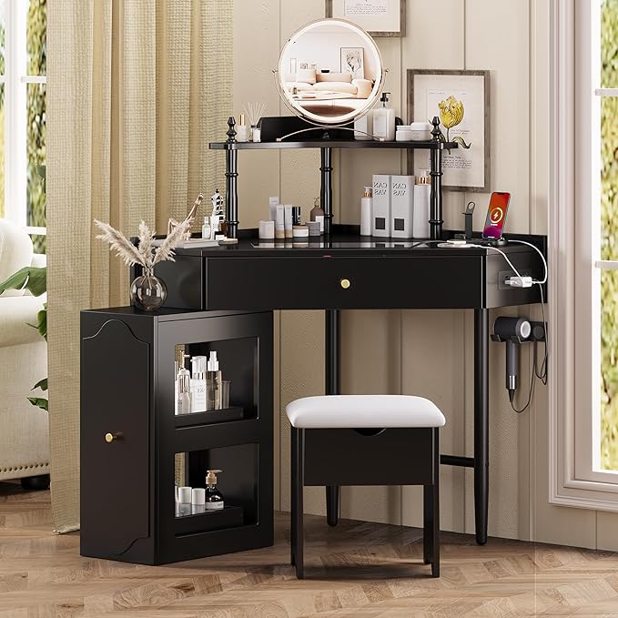 Merax Corner Vanity Desk Set with Storage Cushioned Stool & Charging Station, Triangle Makeup Desk with Removable Pull-Out Side Cabinet, Glass Tabletop Makeup Vanity with Drawer & Shelf, Black