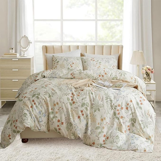EAVD Fresh Vintage Floral Comforter Set Twin XL White Soft Microfiber Garden Leaves Floral Bedding Comforter Set with 2 Pillowcases Reversible Cottagecore Botanical Comforter Set for Girls Women