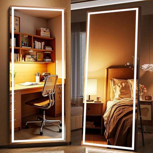 Full Length Mirror with Lights, 81" x 34" Large LED Lighted Floor Standing Body Mirror, Dimmable & 3 Color Lighting for Bedroom, Cloakroom, Dressing Room, Leaning & Hanging, Square Black