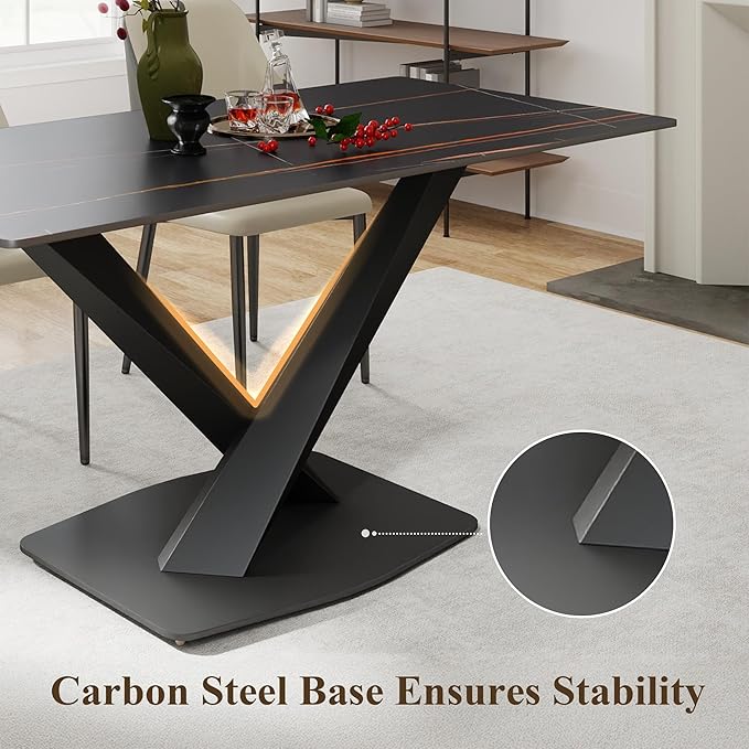 63" Modern Dining Table for 4-6 People, Black Sintered Stone Table Top with X-Shape Carbon Steel Pedestal, Large Rectangular Table for Kitchen Living Room
