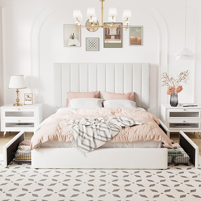 Allewie Queen Size Storage Bed Frame, Vertical Channel Tufted Adjustable Headboard, Velvet Upholstered Platform Bed with 4 Oversized Underbed Drawers, Wooden Slats Support, No Box Spring Needed, White
