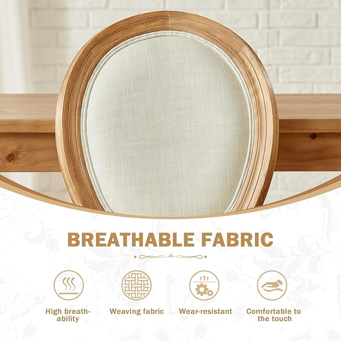 Nrizc French Country Dining Chairs Set of 4, Farmhouse Fabric Chairs with Round Back, Solid Wood Legs, Oval Side Chairs for Kitchen/Bedroom/Dining Room