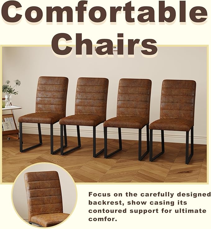 Modern Dining Chairs Set of 4, White Faux Leather Kitchen Chairs, Upholstered Armless Dining Room Chair with Gold Mental Legs Heavy Duty, Comfortable (Brown Chiars, Set of 4)