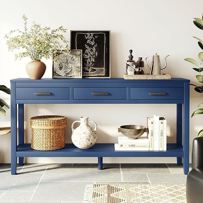 59" Blue Console Table, Long Entryway Table with Storage, 3 Drawers Wood Console Table for Hallway Living Room, MDF Entryway Table Sofa Table Behind Couch, Modern Entry Table with Drawers