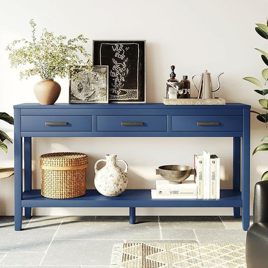 59" Blue Console Table, Long Entryway Table with Storage, 3 Drawers Wood Console Table for Hallway Living Room, MDF Entryway Table Sofa Table Behind Couch, Modern Entry Table with Drawers