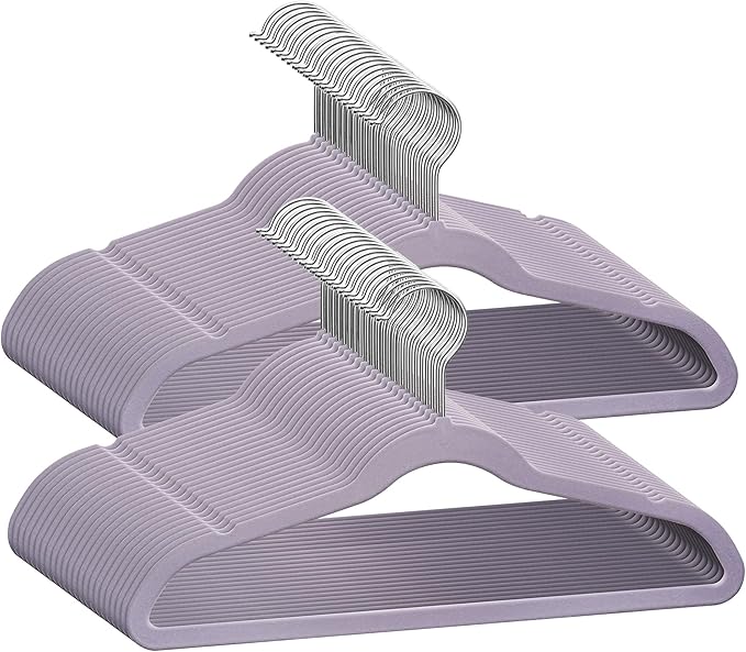 50 Premium Kids Velvet Hangers - 14'' Non-Slip, Ultra-Slim & Space-Saving Hangers - 360° Swivel Hook, Strong & Durable for Children & Preteens - Purple