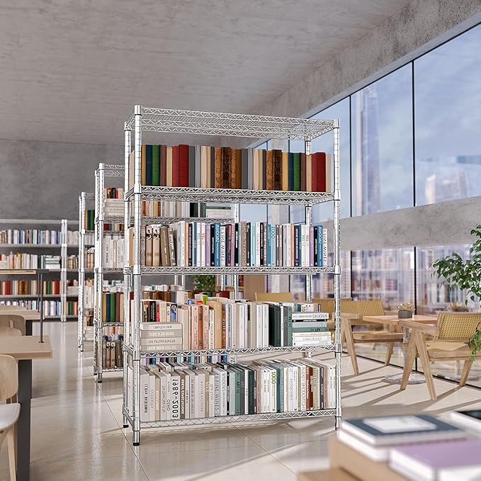 IZEUK 4250 LBS Garage Shelving Wide Storage Shelves 5 Tier Metal Shelves Heavy Duty Adjustable Utility Shelf Rack Chrome 17.7" D x 47.2" W x 70.4" H