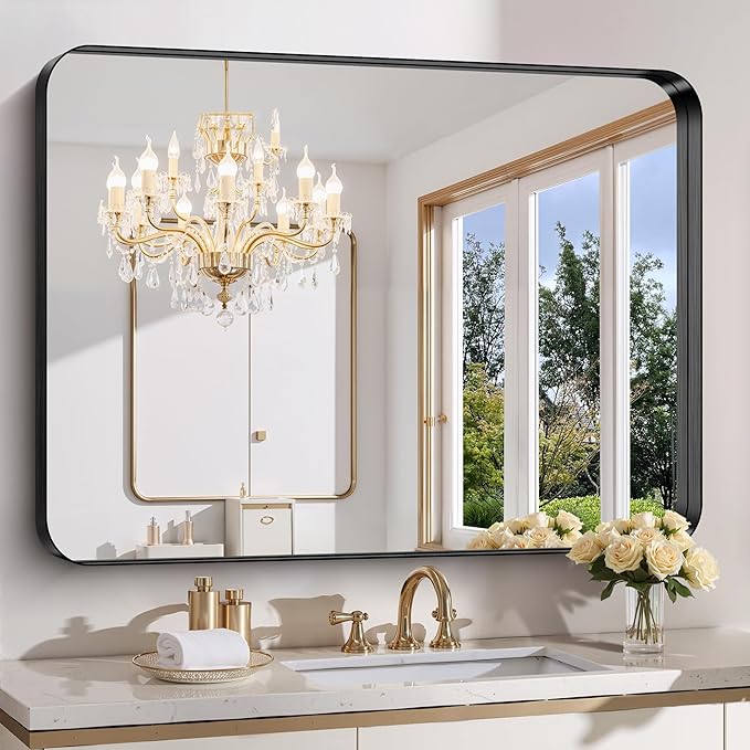 FORBATH 48x36 Inch Bathroom Mirror, Brushed Black Deep Frame Wall Mirror with Rounded Corners, Anti-Rust Tempered Glass for Modern Farmhouse Vanity (Horizontal/Vertical)